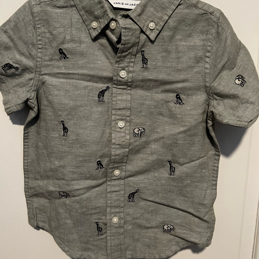 Janie and Jack Light Green Linen Shirt with Animal Embroidery